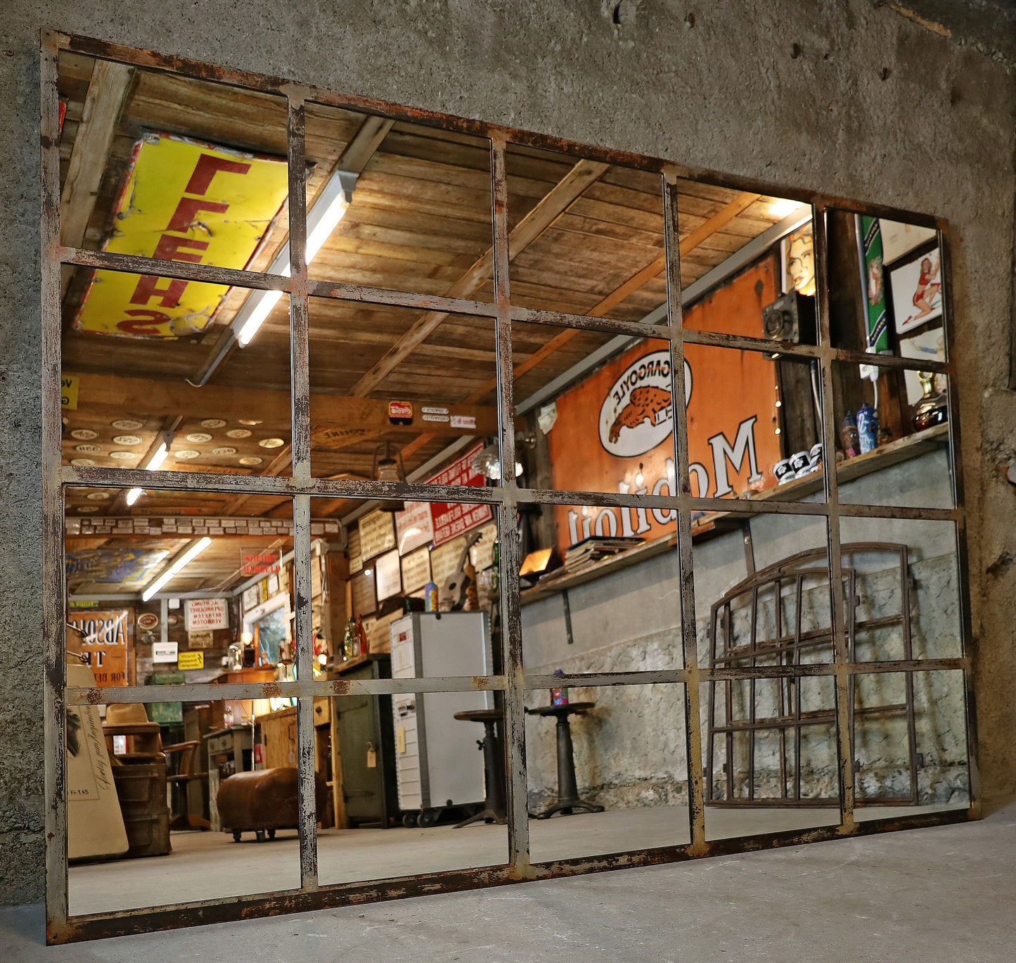 XXL Fabrikfenster, Eisenfenster, Spiegel 214 cm x142 cm