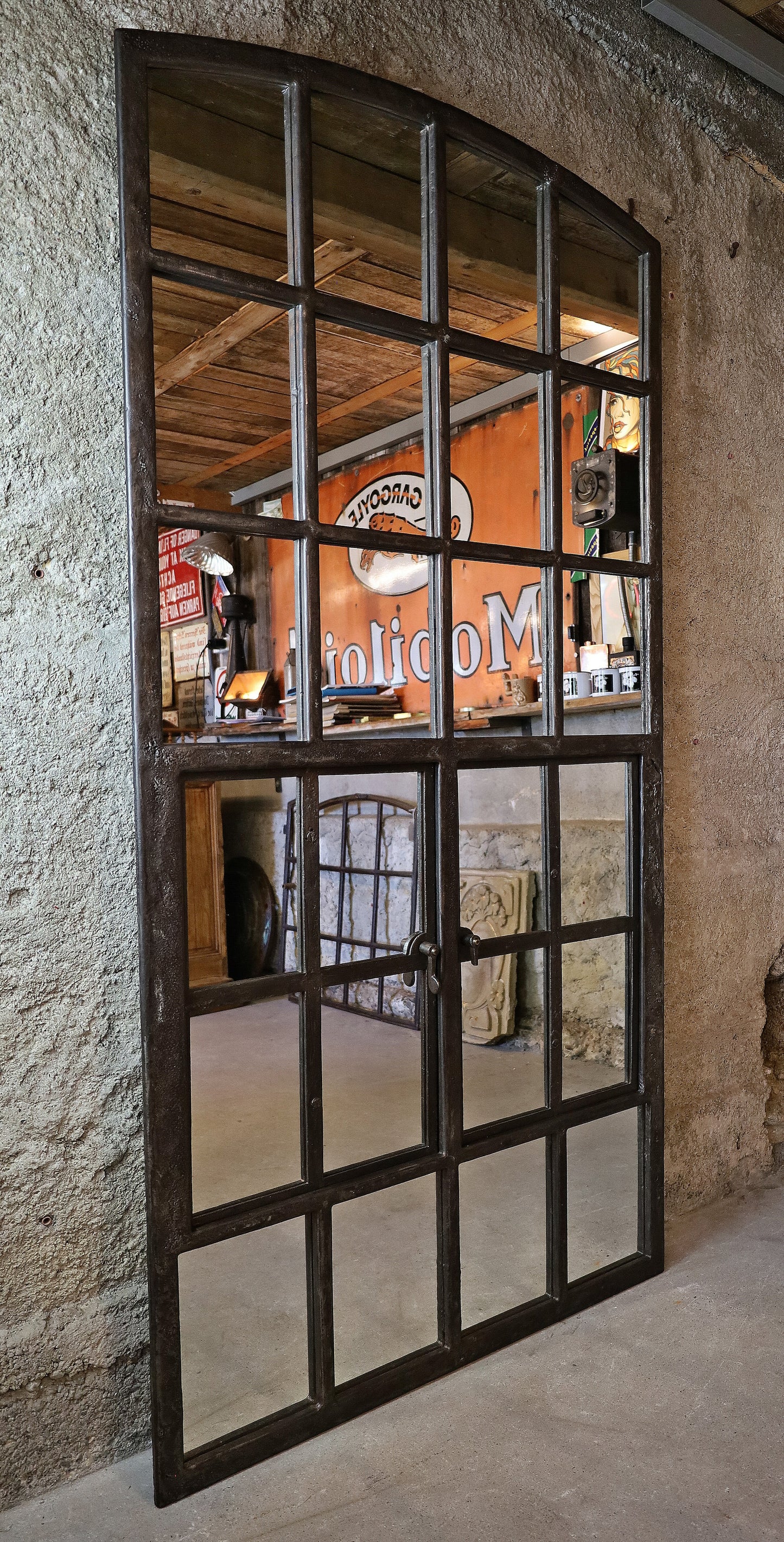 XL Gusseisenfenster, Segmentbogenfenster verspiegelt 184x94 cm (blank)