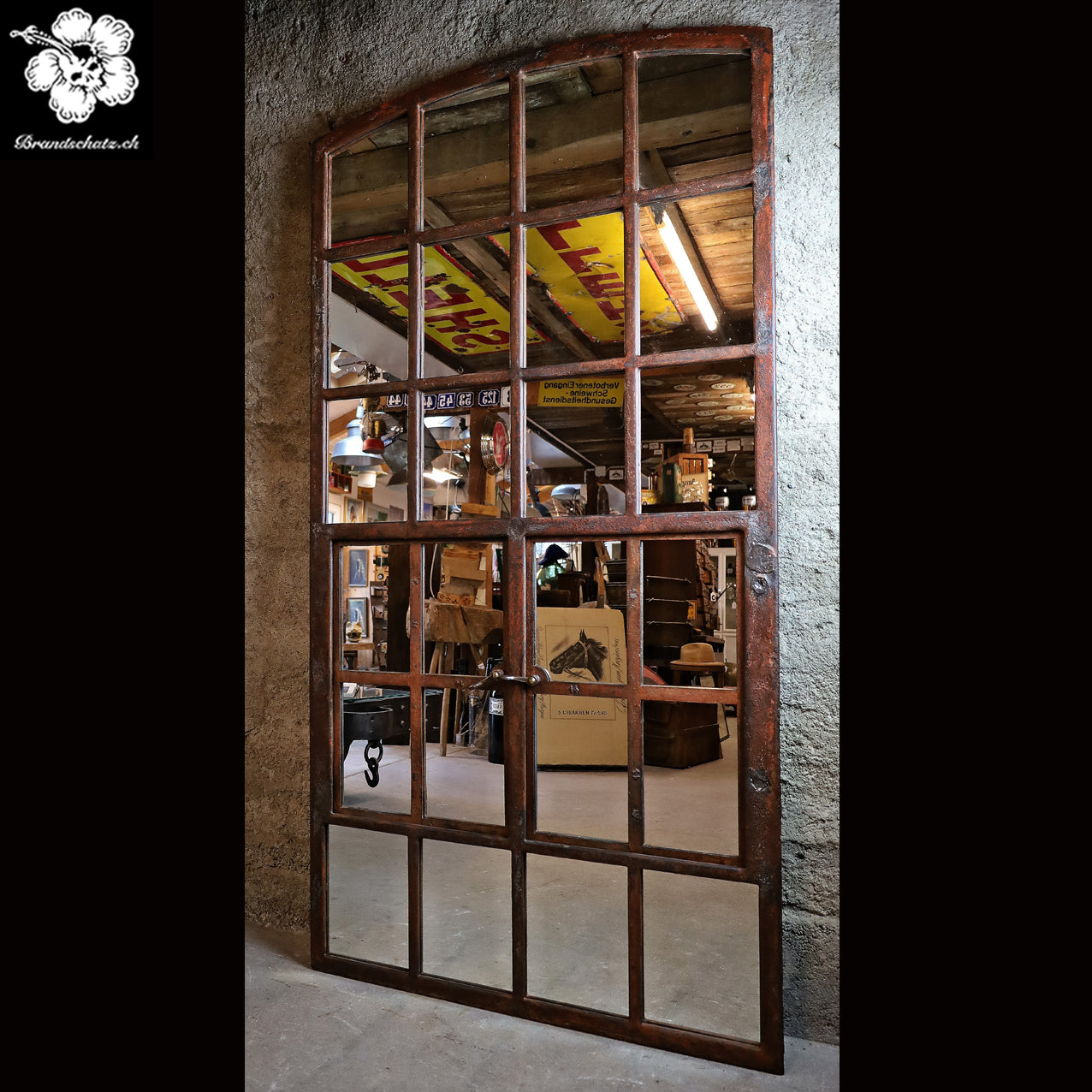 XL Gusseisenfenster, Segmentbogenfenster verspiegelt 184x94 cm